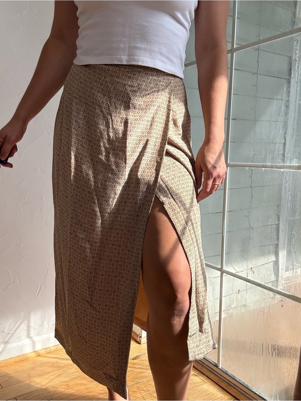 Y2K Silk Wrap Midi Skirt Asymmetrical Slit Neutral Floral
